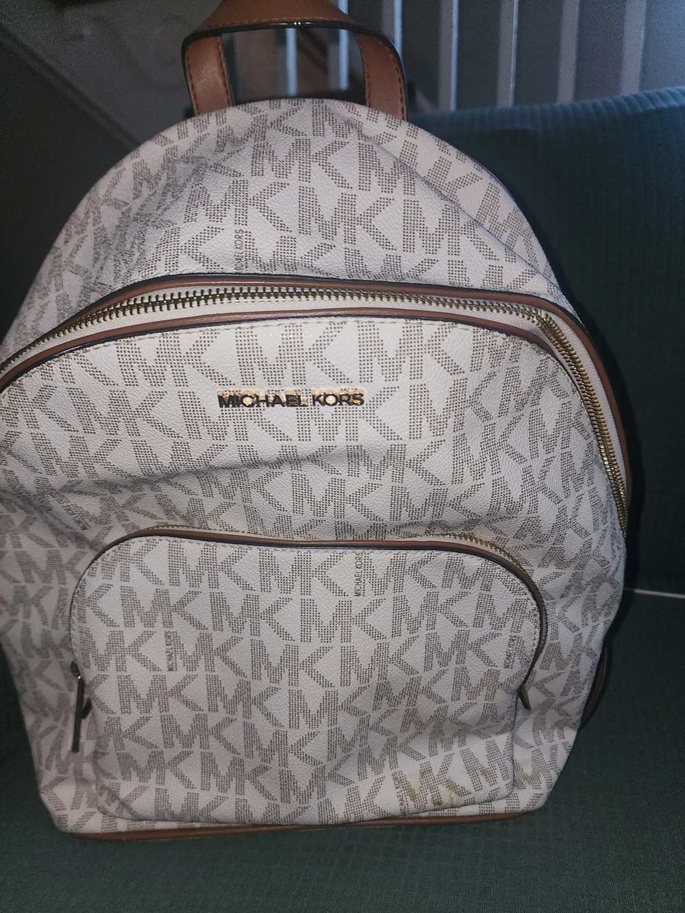 Michael Kors White and Tan MK Logo Backpack